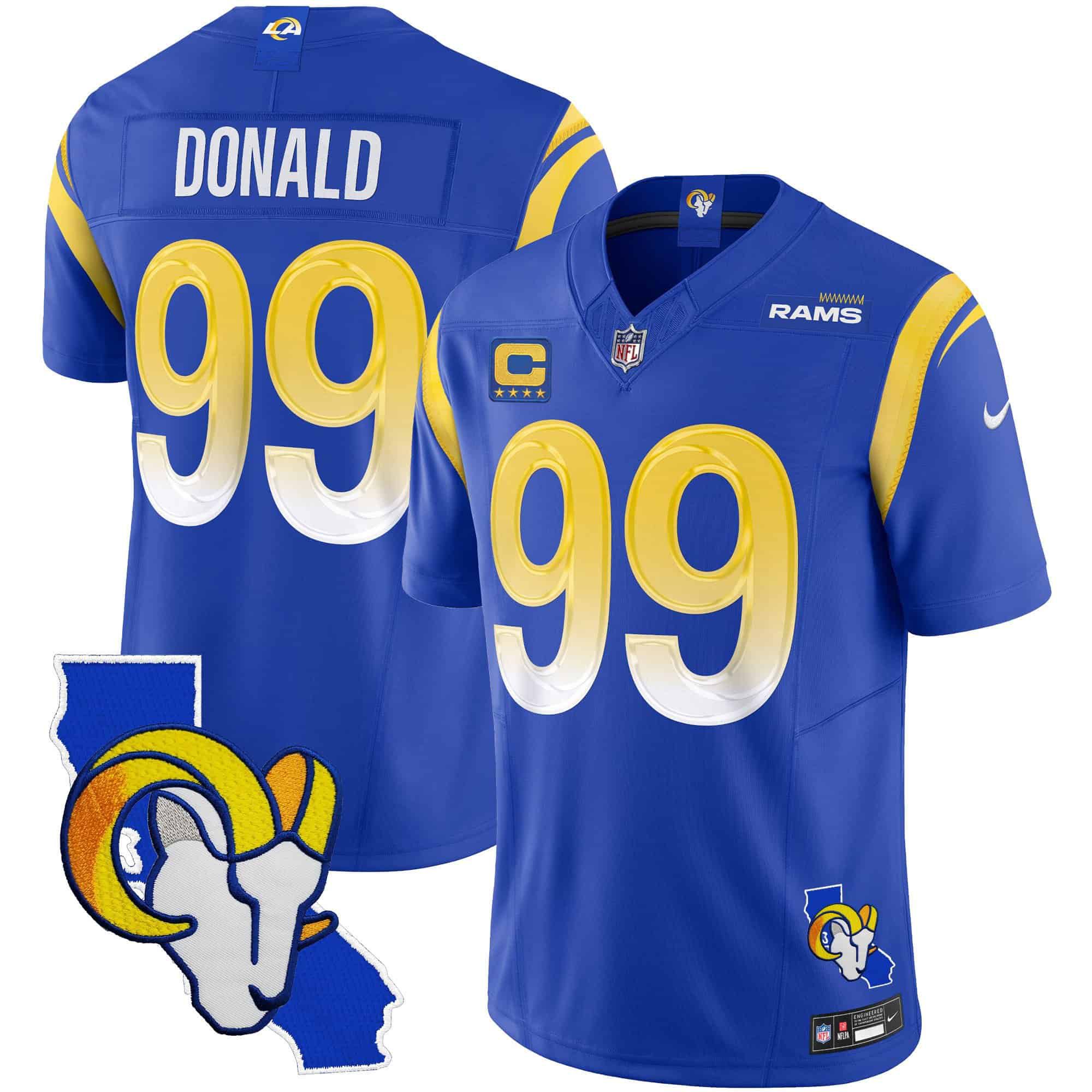 Men Los Angeles Rams 99 Donald Blue 2024 Nike California Patch Vapor Limited NFL Jersey style 1